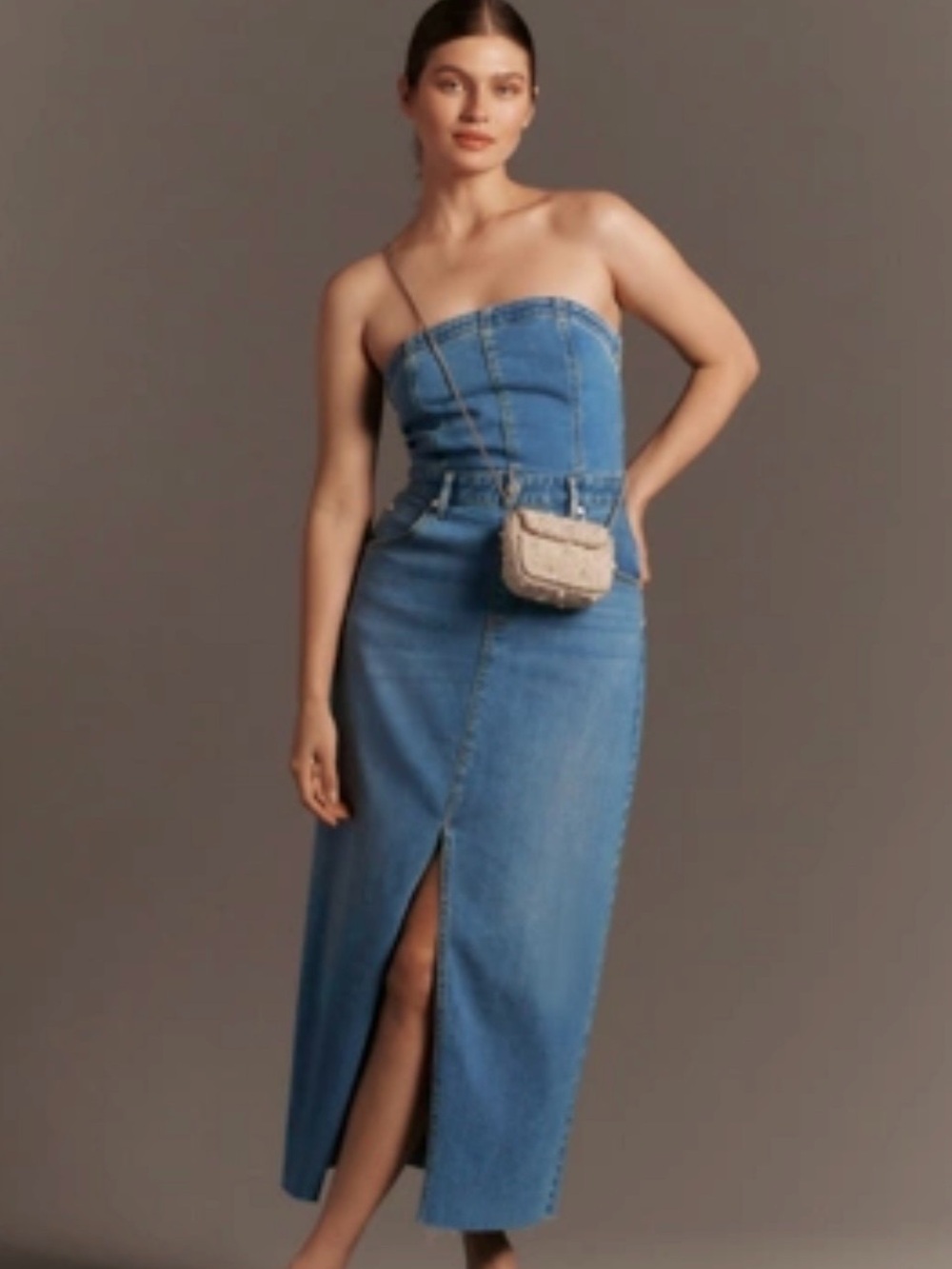 Pilcro Blue Strapless Denim Midi Dress with Front Slit
